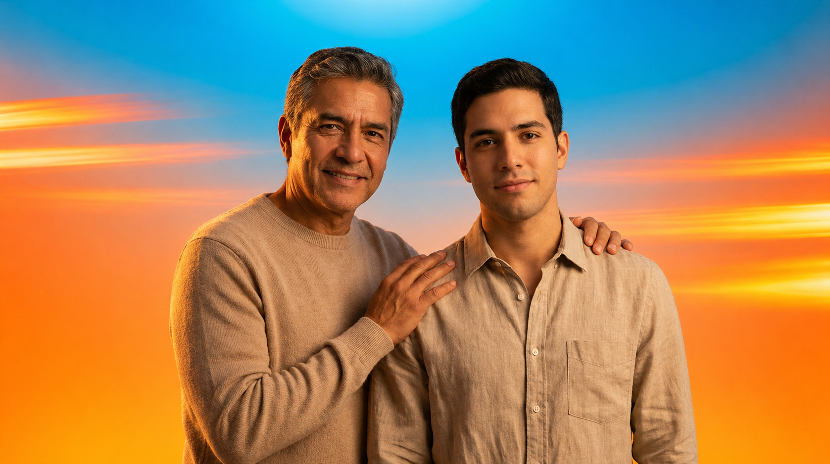 Father and son using Lionec with a warm gradient overlay